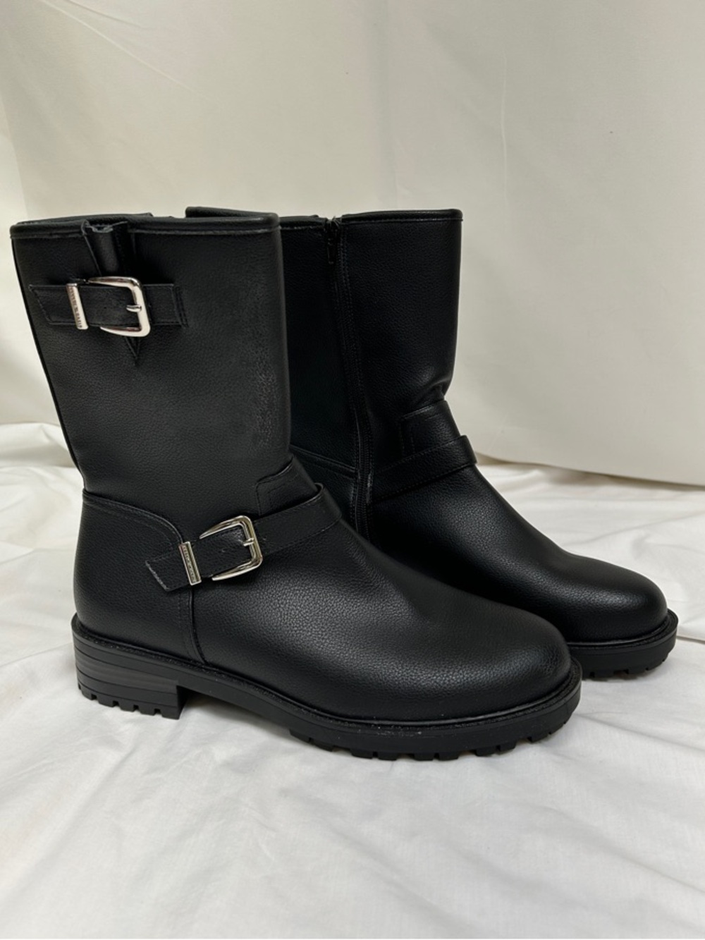 Kelly & Katie Timia Faux Black Leather Mid-Calf Buckle Moto Boots Size 11
